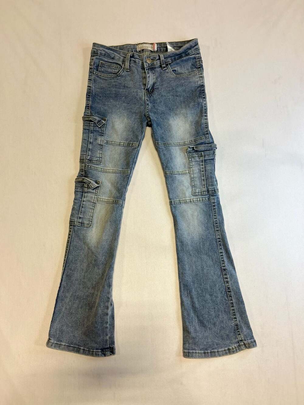 Celebrity Ace Girls Blue Denim Multi-Pocket Flare Cargo Jeans Size 14